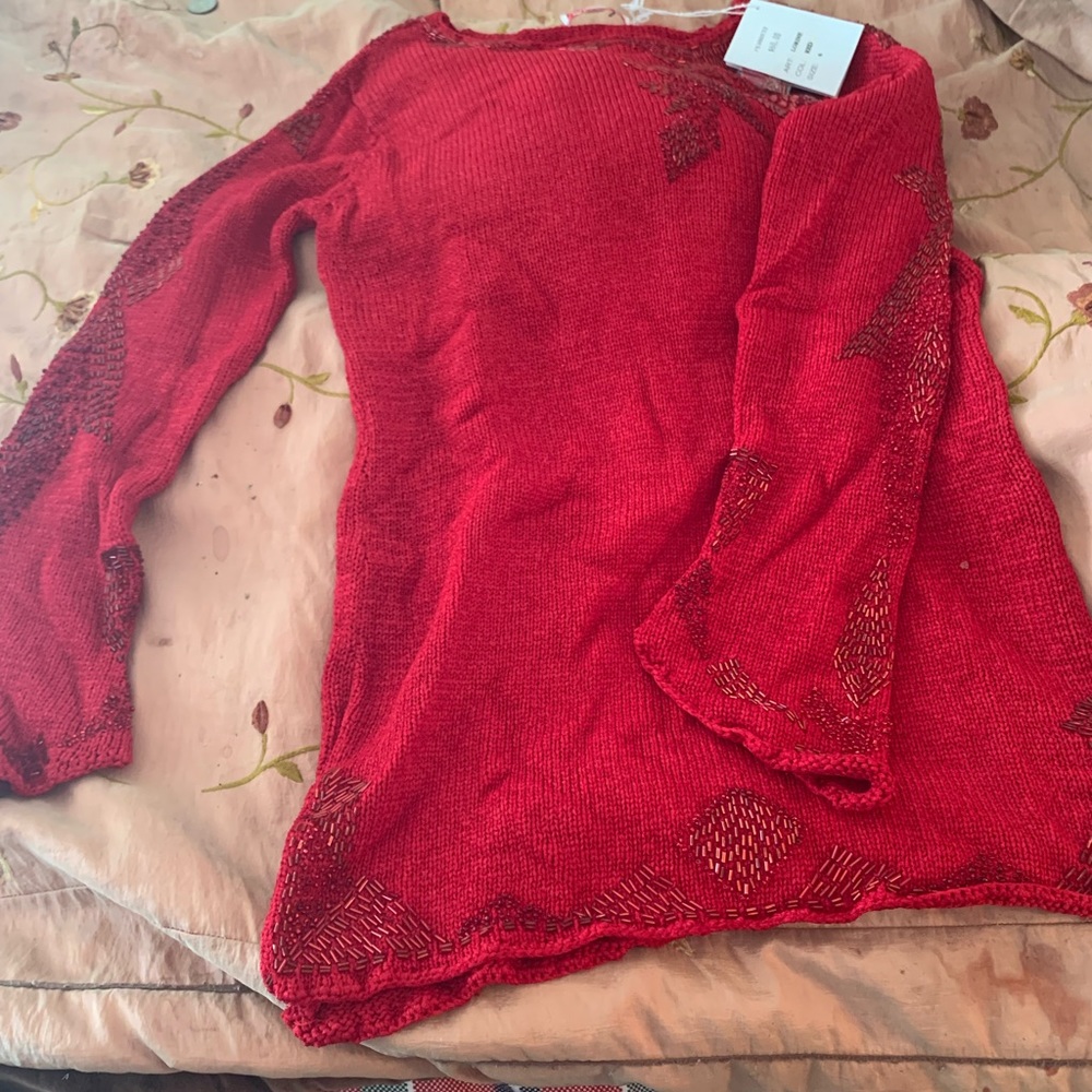 Vintage Ebene by Patrick Assuline beaded red tunic fluted sleeves